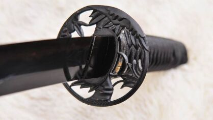 Katana samurai sword STEEL BLACK layered Damascus steel, hardened clay, Sanmai R904