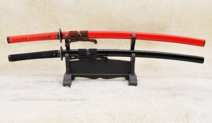 SET OF SWORDS JAPANESE Samurai HONSANMAI STEEL layered and high carbon, RED AND BLACK R892